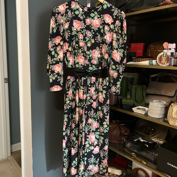 Vintage Lanz Originals Black Floral Dress Puff Sleeves 1980s Pristine Pockets - Picture 3 of 8